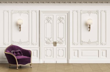 Klasik koltuk kopya alanı ile klasik iç. Kalıplar, ornated korniş duvarlarla. Zemin parke balıksırtı. Klasik kapı dekorasyonu ile. Duvar aplikler. Dijital Illustration.3d işleme