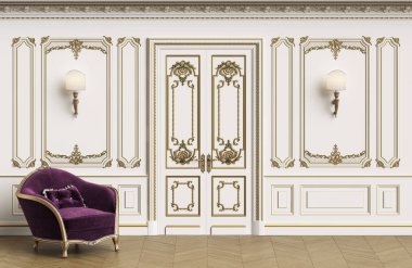 Klasik koltuk kopya alanı ile klasik iç. Kalıplar, ornated korniş duvarlarla. Zemin parke balıksırtı. Klasik kapı dekorasyonu ile. Duvar aplikler. Dijital Illustration.3d işleme