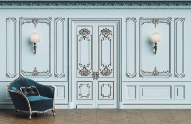 Klasik koltuk kopya alanı ile klasik iç. Kalıplar, ornated korniş duvarlarla. Zemin parke balıksırtı. Klasik kapı dekorasyonu ile. Duvar aplikler. Dijital Illustration.3d işleme