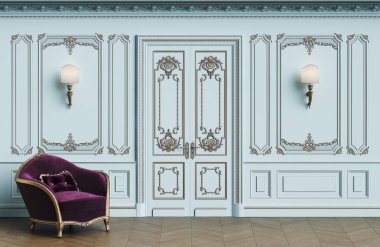 Klasik koltuk kopya alanı ile klasik iç. Kalıplar, ornated korniş duvarlarla. Zemin parke balıksırtı. Klasik kapı dekorasyonu ile. Duvar aplikler. Dijital Illustration.3d işleme