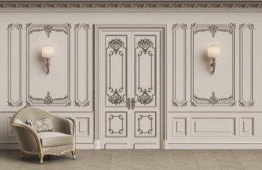 Klasik koltuk kopya alanı ile klasik iç. Kalıplar, ornated korniş duvarlarla. Zemin parke balıksırtı. Klasik kapı dekorasyonu ile. Duvar aplikler. Dijital Illustration.3d işleme