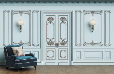 Klasik koltuk kopya alanı ile klasik iç. Kalıplar, ornated korniş duvarlarla. Zemin parke balıksırtı. Klasik kapı dekorasyonu ile. Duvar aplikler. Dijital Illustration.3d işleme