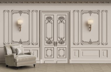 Klasik koltuk kopya alanı ile klasik iç. Kalıplar, ornated korniş duvarlarla. Zemin parke balıksırtı. Klasik kapı dekorasyonu ile. Duvar aplikler. Dijital Illustration.3d işleme