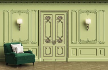 Klasik koltuk kopya alanı ile klasik iç. Kalıplar, ornated korniş duvarlarla. Zemin parke balıksırtı. Klasik kapı dekorasyonu ile. Duvar aplikler. Dijital Illustration.3d işleme