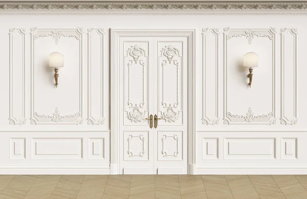 Kopya alanı ile klasik iç duvarlar. Kalıplar, ornated korniş duvarlarla. Zemin parke balıksırtı. Klasik kapı dekorasyonu ile. Duvar aplikler. Dijital Illustration.3d işleme
