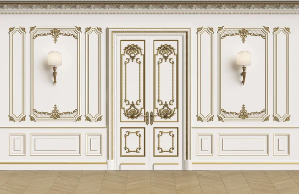 Kopya alanı ile klasik iç duvarlar. Kalıplar, ornated korniş duvarlarla. Zemin parke balıksırtı. Klasik kapı dekorasyonu ile. Duvar aplikler. Dijital Illustration.3d işleme