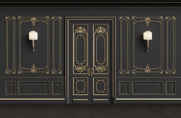 Kopya alanı ile klasik iç duvarlar. Kalıplar, ornated korniş duvarlarla. Zemin parke balıksırtı. Klasik kapı dekorasyonu ile. Duvar aplikler. Dijital Illustration.3d işleme