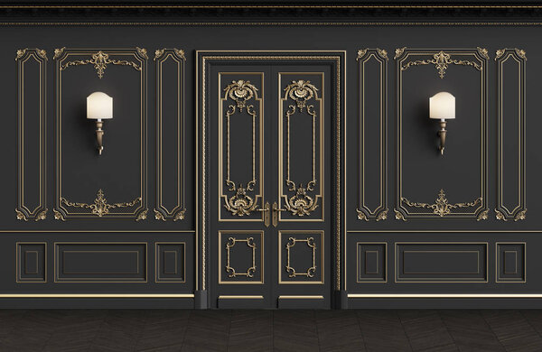Classic interior walls with copy space.Walls with mouldings,ornated cornice. Floor parquet herringbone.Classic door with decoration.Sconces on the wall.Digital Illustration.3d rendering