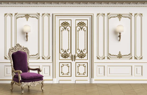 Classic Armchair Classic Interior Copy Space Walls Mouldings Ornated Cornice — стоковое фото