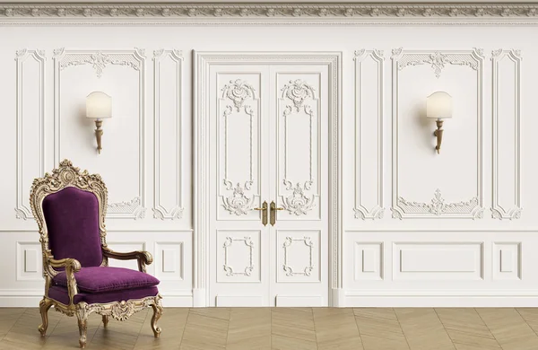 Klasik koltuk kopya alanı ile klasik iç. Kalıplar, ornated korniş duvarlarla. Zemin parke balıksırtı. Klasik kapı dekorasyonu ile. Duvar aplikler. Dijital Illustration.3d işleme