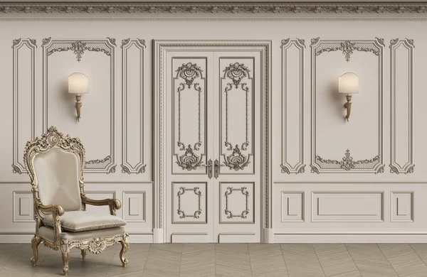 Klasik koltuk kopya alanı ile klasik iç. Kalıplar, ornated korniş duvarlarla. Zemin parke balıksırtı. Klasik kapı dekorasyonu ile. Duvar aplikler. Dijital Illustration.3d işleme