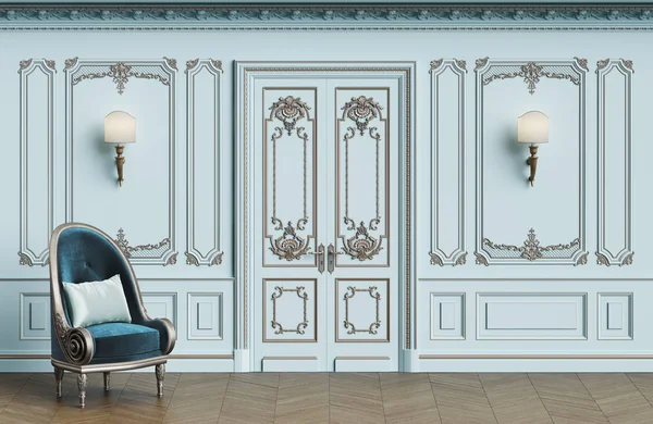 Klasik koltuk kopya alanı ile klasik iç. Kalıplar, ornated korniş duvarlarla. Zemin parke balıksırtı. Klasik kapı dekorasyonu ile. Duvar aplikler. Dijital Illustration.3d işleme