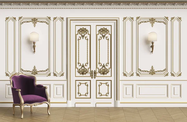 Classic Armchair Classic Interior Copy Space Walls Mouldings Ornated Cornice — Stock Photo, Image