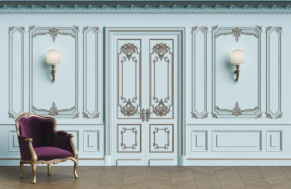 Classic Armchair Classic Interior Copy Space Walls Mouldings Ornated Cornice — стоковое фото