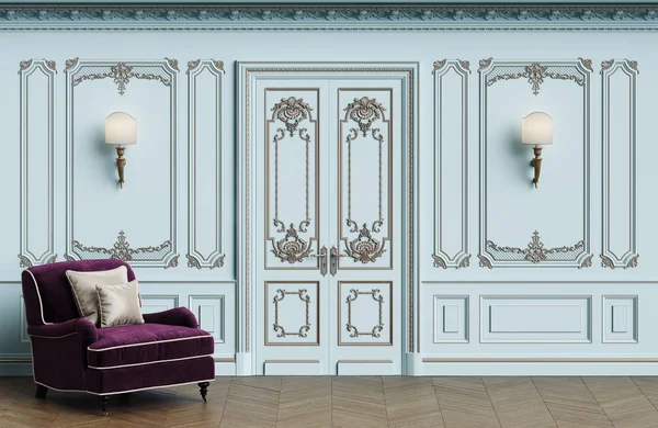 Classic Armchair Classic Interior Copy Space Walls Mouldings Ornated Cornice — Stock Photo, Image