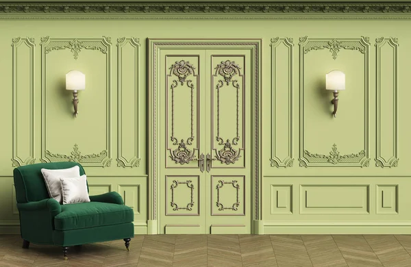 Classic Armchair Classic Interior Copy Space Walls Mouldings Ornated Cornice — Stock Photo, Image