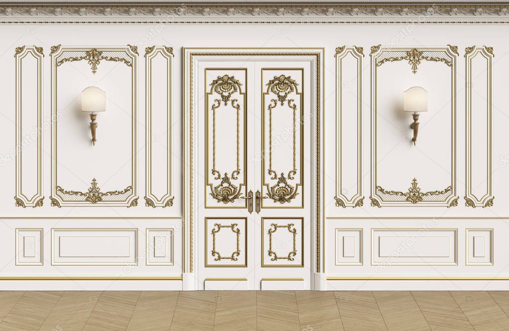 Classic interior walls with copy space.Walls with mouldings,ornated cornice. Floor parquet herringbone.Classic door with decoration.Sconces on the wall.Digital Illustration.3d rendering