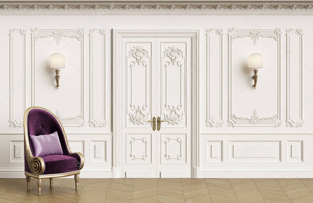 Classic armchair  in classic interior with copy space.Walls with mouldings,ornated cornice. Floor parquet herringbone.Classic door with decoration.Sconces on the wall.Digital Illustration.3d rendering