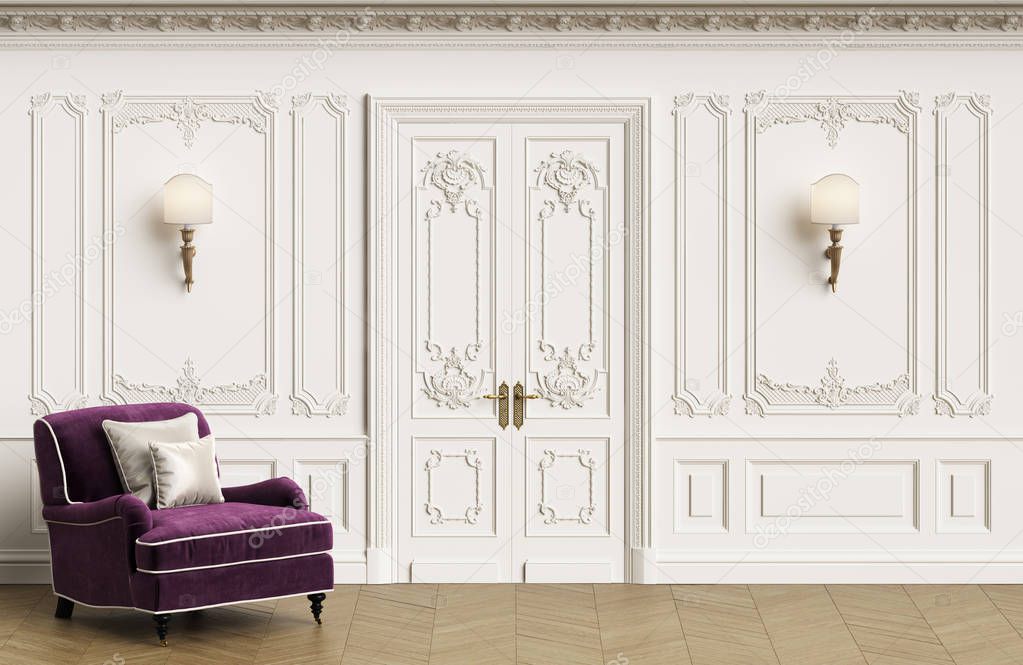 Classic armchair  in classic interior with copy space.Walls with mouldings,ornated cornice. Floor parquet herringbone.Classic door with decoration.Sconces on the wall.Digital Illustration.3d rendering