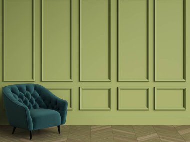 Zümrüt yeşil koltuk klasik iç kopya alanı ile tufted. Yeşil duvar kalıplar ile. Zemin parke balıksırtı. Dijital Illustration.3d işleme