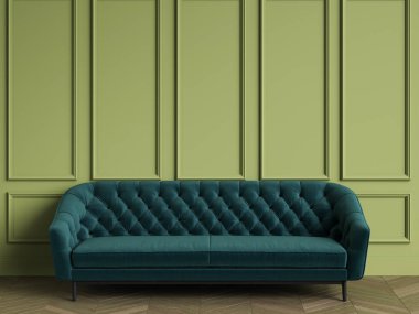 Zümrüt yeşil kanepe klasik iç kopya alanı ile tufted. Yeşil duvar kalıplar ile. Zemin parke balıksırtı. Dijital Illustration.3d işleme