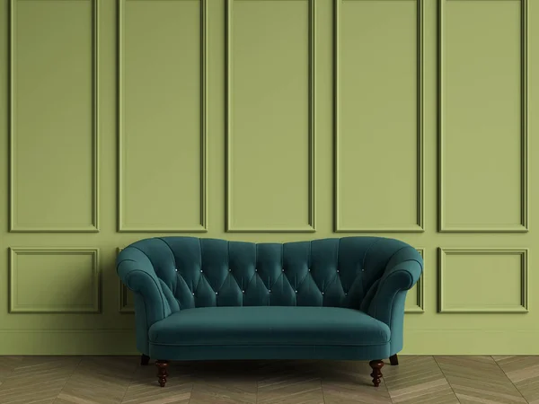 Tufted emerald green sofa in classic interior with copy space.Green walls with mouldings. Floor parquet herringbone.Digital Illustration.3d rendering