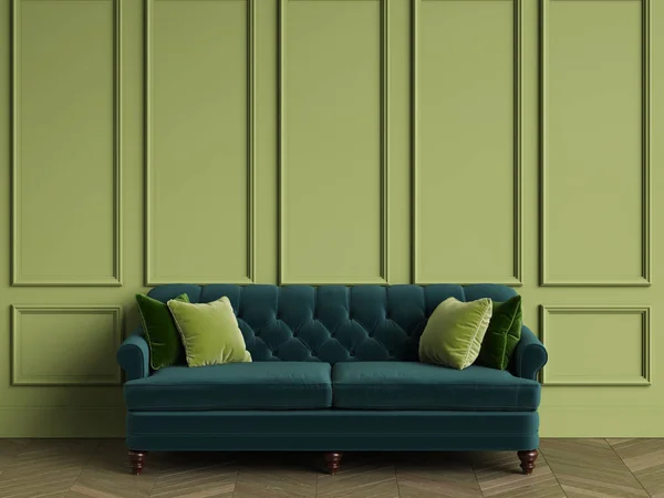 Tufted emerald green sofa in classic interior with copy space.Green walls with mouldings. Floor parquet herringbone.Digital Illustration.3d rendering