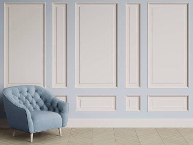 Fildişi rengi koltuk klasik iç kopya alanı ile tufted. Beyaz duvarları kalıplar ile. Zemin parke balıksırtı. Dijital Illustration.3d işleme