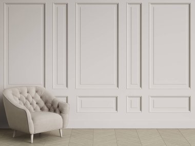 Fildişi rengi koltuk klasik iç kopya alanı ile tufted. Beyaz duvarları kalıplar ile. Zemin parke balıksırtı. Dijital Illustration.3d işleme