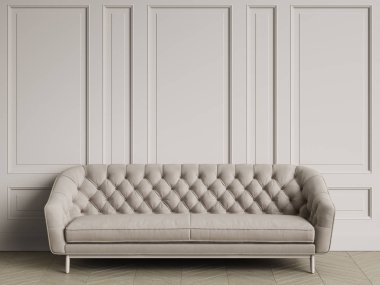 Fildişi rengi koltuk klasik iç kopya alanı ile tufted. Beyaz duvarları kalıplar ile. Zemin parke balıksırtı. Dijital Illustration.3d işleme