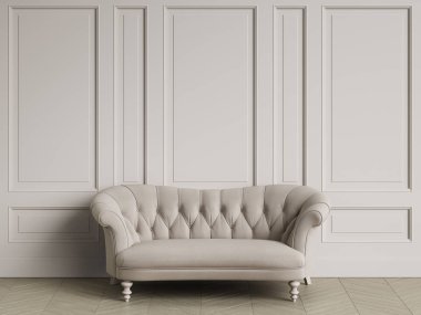Fildişi rengi koltuk klasik iç kopya alanı ile tufted. Beyaz duvarları kalıplar ile. Zemin parke balıksırtı. Dijital Illustration.3d işleme