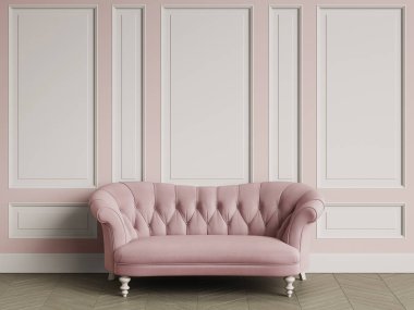 Fildişi rengi koltuk klasik iç kopya alanı ile tufted. Beyaz duvarları kalıplar ile. Zemin parke balıksırtı. Dijital Illustration.3d işleme