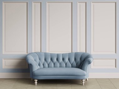 Fildişi rengi koltuk klasik iç kopya alanı ile tufted. Beyaz duvarları kalıplar ile. Zemin parke balıksırtı. Dijital Illustration.3d işleme