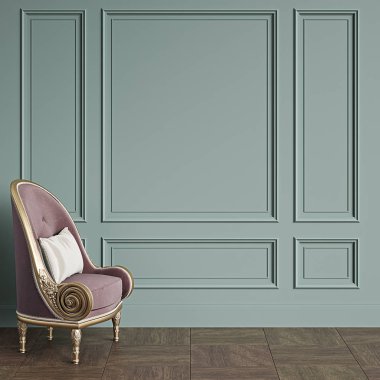 Klasik koltuk kopya alanı ile klasik iç. Kalıplar ile zeytin renkli duvarlar. Zemin parke. Dijital Illustration.3d işleme