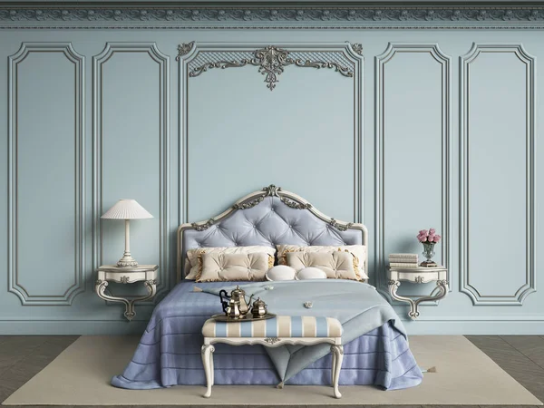 Classic Bedroom Furniture Classic Interior Blue Walls Gilded Mouldings Ornated — стоковое фото
