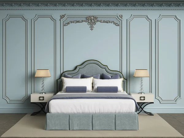 Classic Bedroom Furniture Classic Interior Blue Walls Gilded Mouldings Ornated — стоковое фото