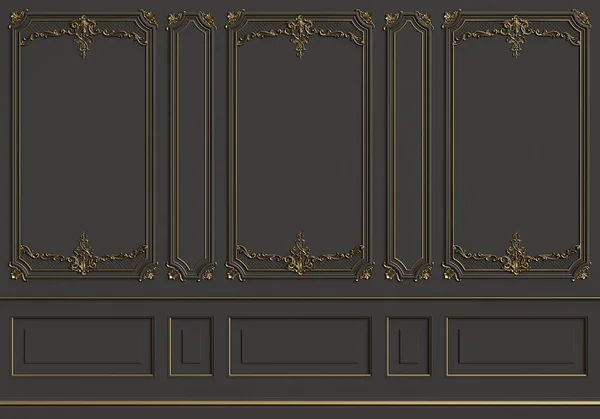 Siyah ve altın renkli kalıplar ile klasik iç duvar. Dijital illustration.3d işleme
