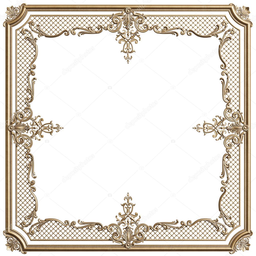 Classic moulding golden frame with ornament decor for classic interior isolated on white background. Digital illustration. 3d rendering