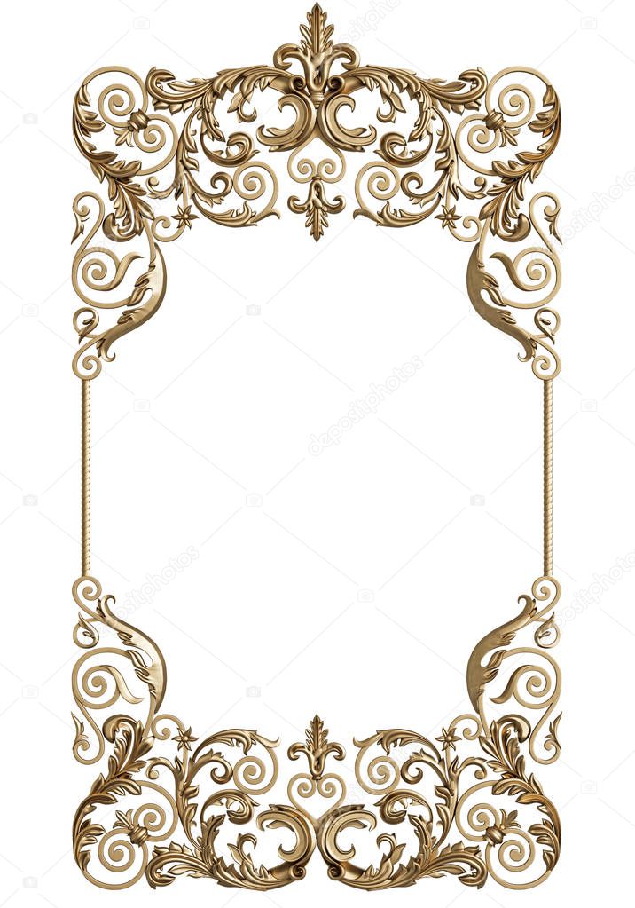 Classic moulding frame with ornament decor isolated on white background. Digital illustration. 3d rendering