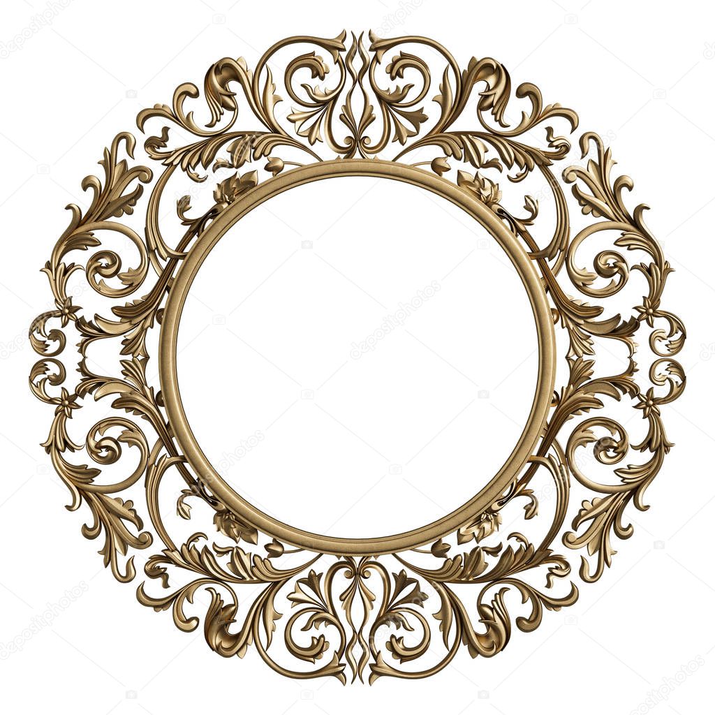 Classic frame circle with ornament decor isolated on white background. Digital illustration. 3d rendering