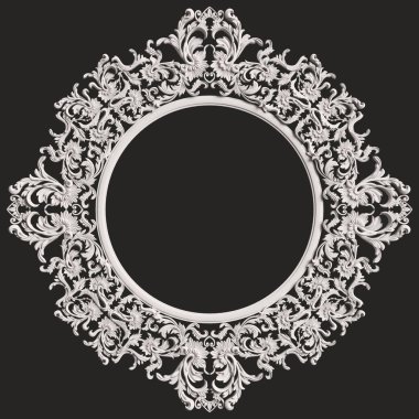Klasik beyaz yuvarlak çerçeve süsleme dekorlu koyu gri arka plan üzerinde izole. Dijital illüstrasyon. 3D render