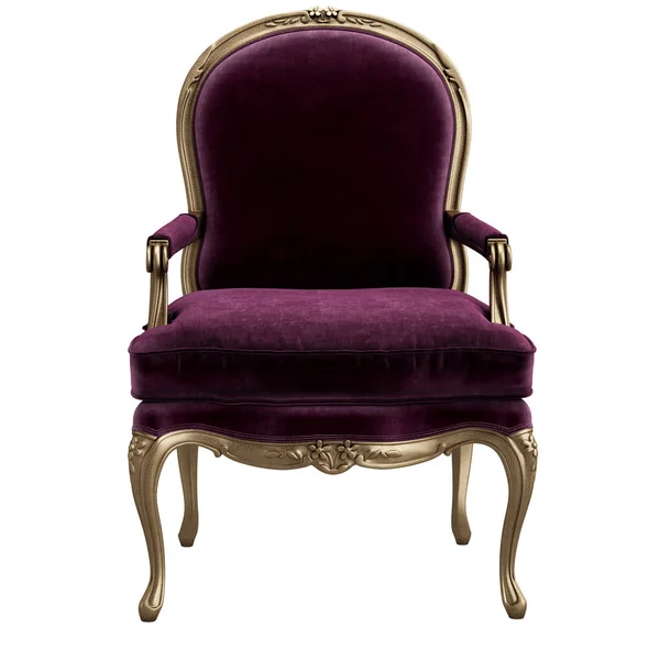 Classic armchair in purple and gold isolated on white background.Digital illustration.3d rendering