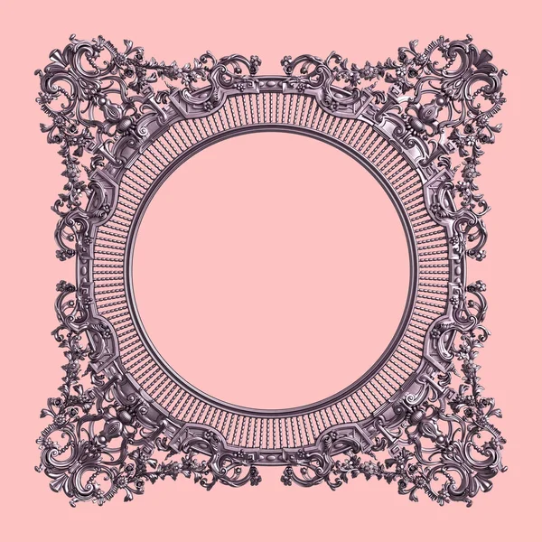 ピンクの背景に分離された紫のパステル カラーで飾りの装飾が施されたクラシックなフレーム デジタル イラストです レンダリング — ストック写真