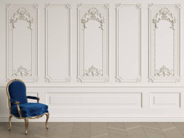 Klasik koltuk kopya alanı ile klasik iç. Duvarlar kalıplar ile. Zemin parke balıksırtı. Dijital Illustration.3d işleme