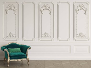 Klasik koltuk kopya alanı ile klasik iç. Duvarlar kalıplar ile. Zemin parke balıksırtı. Dijital Illustration.3d işleme