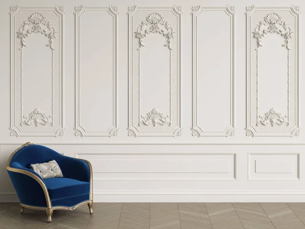 经典的扶手椅在经典的内部与复制空间 墙壁与装饰 地板木地板的人字形 数字插图 — 图库照片