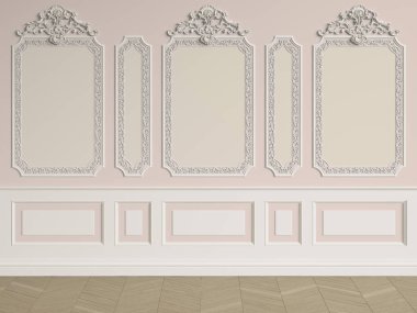 Küflü klasik iç duvar. Zemin parke herringa kemiği. Dijital çizim 3D.