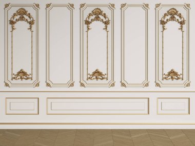 Classic interior wall with mouldings.Floor parquet herringbone.Digital illustration.3d rendering clipart