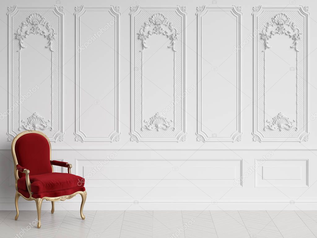 Classic armchair in red and gold  in classic interior with copy space.White walls with mouldings. Floor parquet herringbone.Digital Illustration.3d rendering