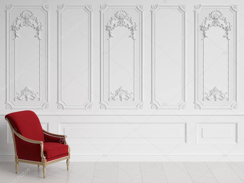 Classic armchair in red and gold  in classic interior with copy space.White walls with mouldings. Floor parquet herringbone.Digital Illustration.3d rendering